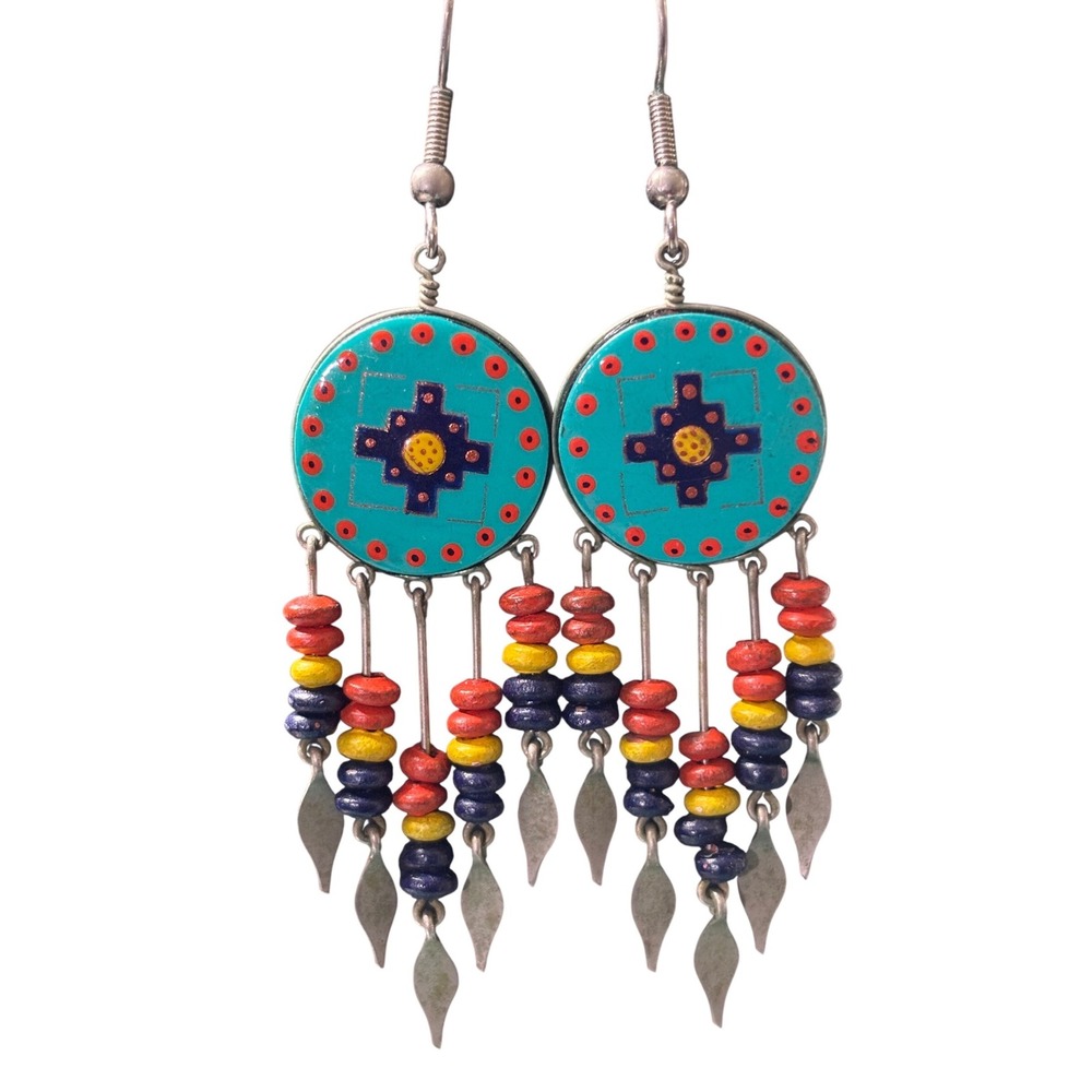Southwestern Enamel Medallion Dangle Earrings Wood Bead Fringe Turquoise Blue